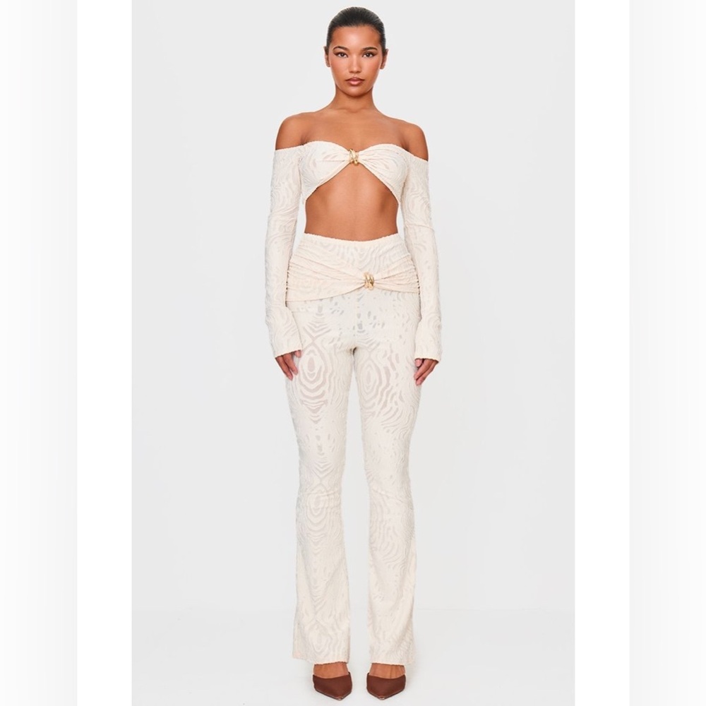 Cream Devore Long Sleeve Trim Cut Out Detail Jumpsuit